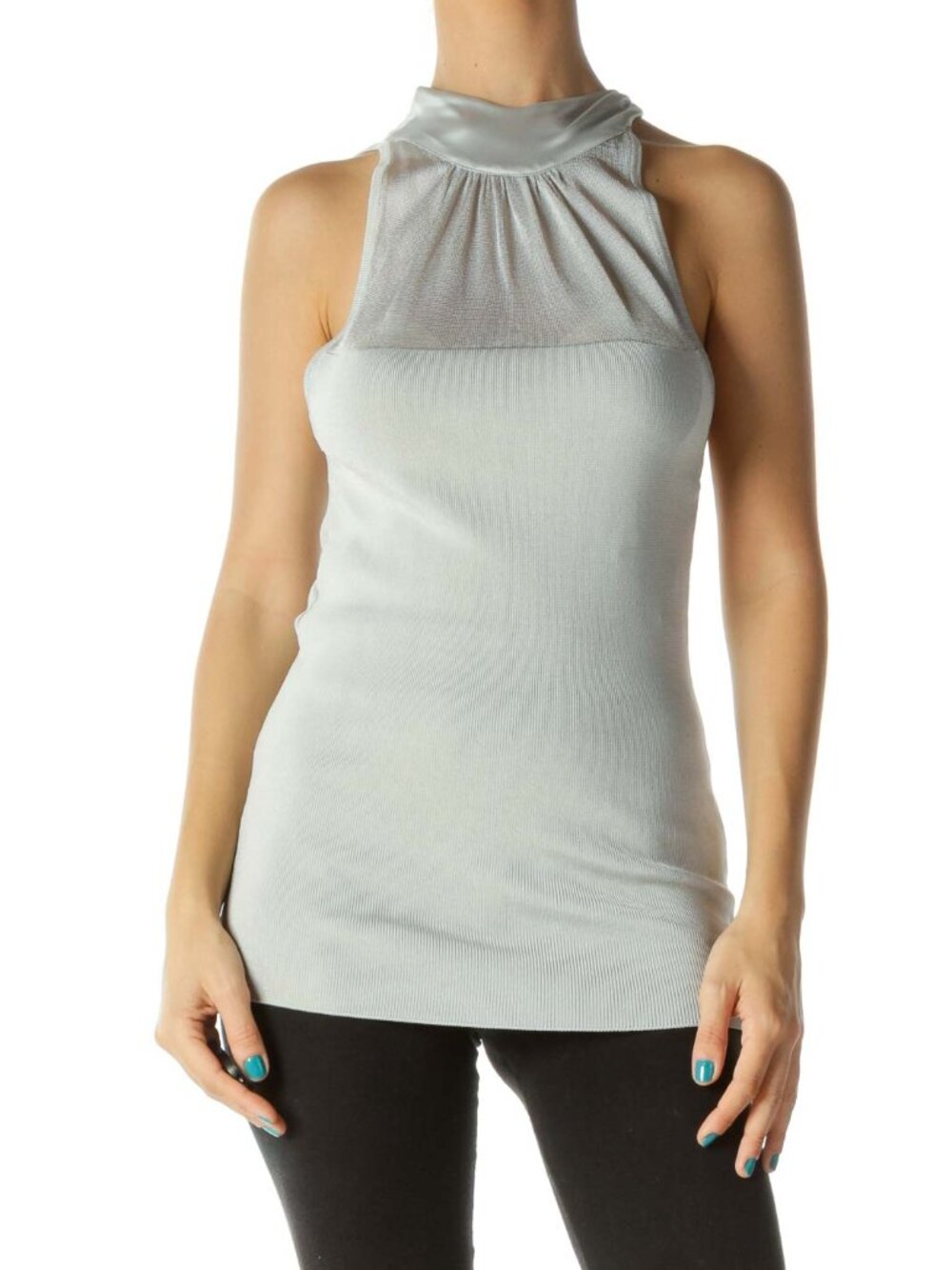 White House Black Market Silver Knit Mixed Media Neck Knot Top